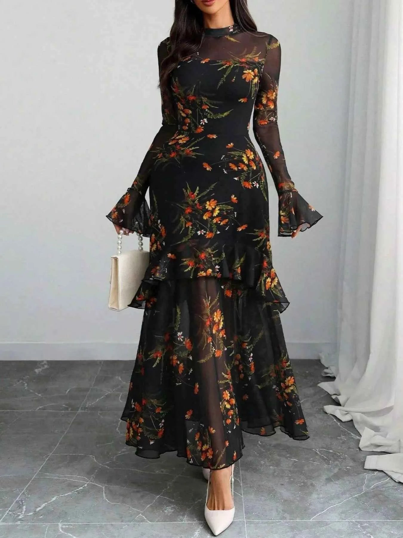 Floral flounce sleeve mermaid maxi dress — additional view 4
