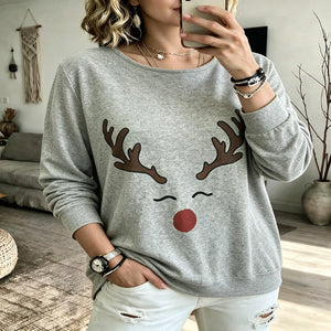 Light Gray plus size reindeer print Christmas top for women