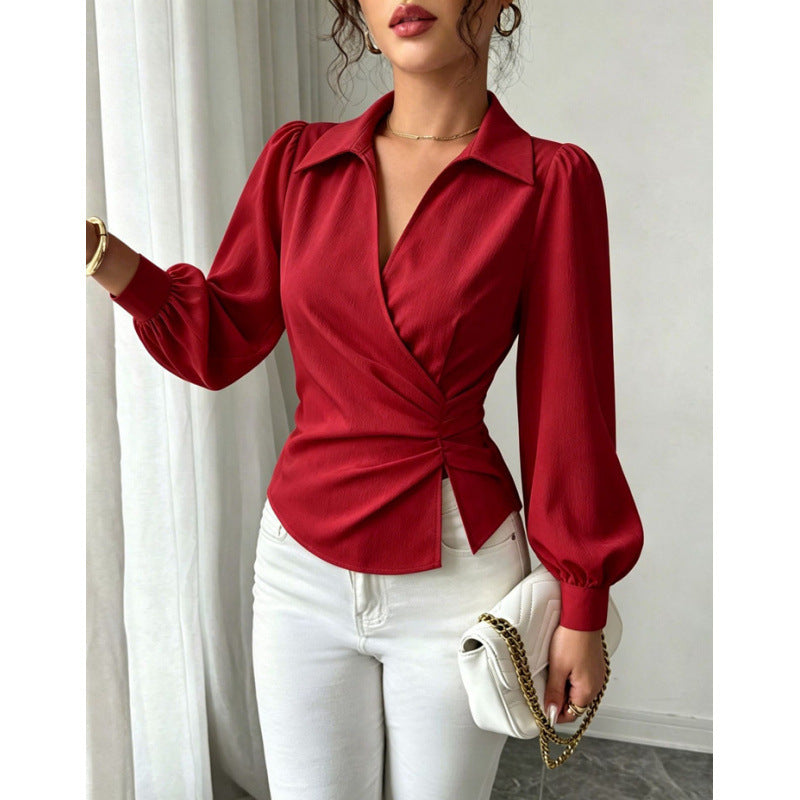 Product detail photo of Cinched Waist Irregular V Neck Top, Women’s Top, everyday style
