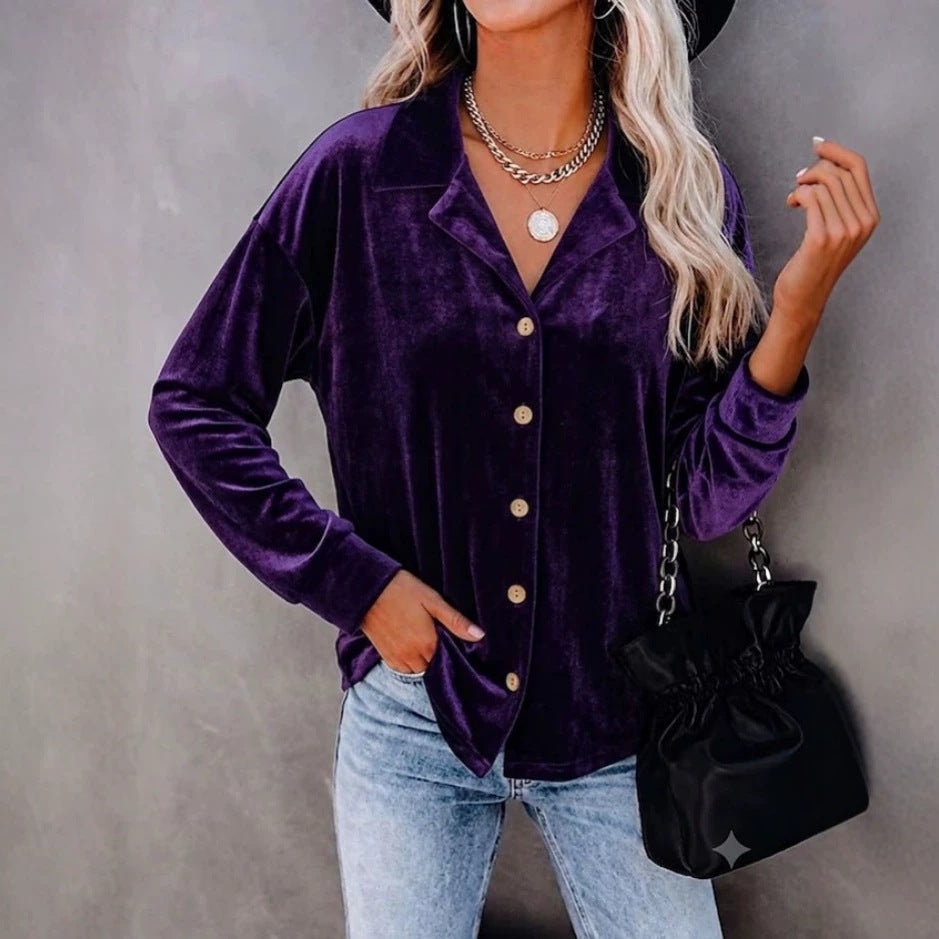 Product detail photo of Button Up Velvet Long Sleeve Shirt, Women’s Shirt, button up velvet long sleeve shirt, everyday style