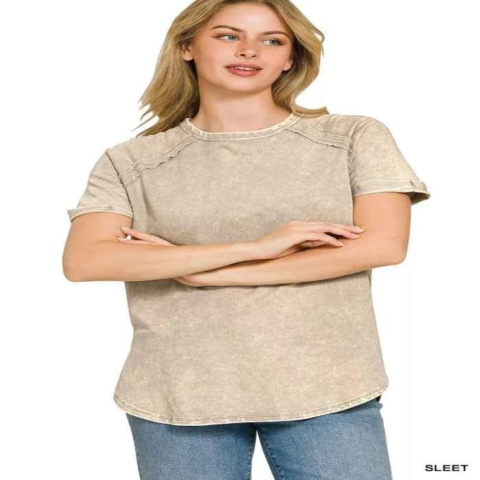 Washed french terry curved hem top — primary view