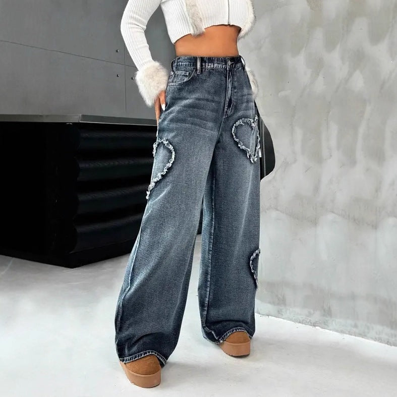 Women's Distressed Wide-Leg Jeans with High Waist, side product view