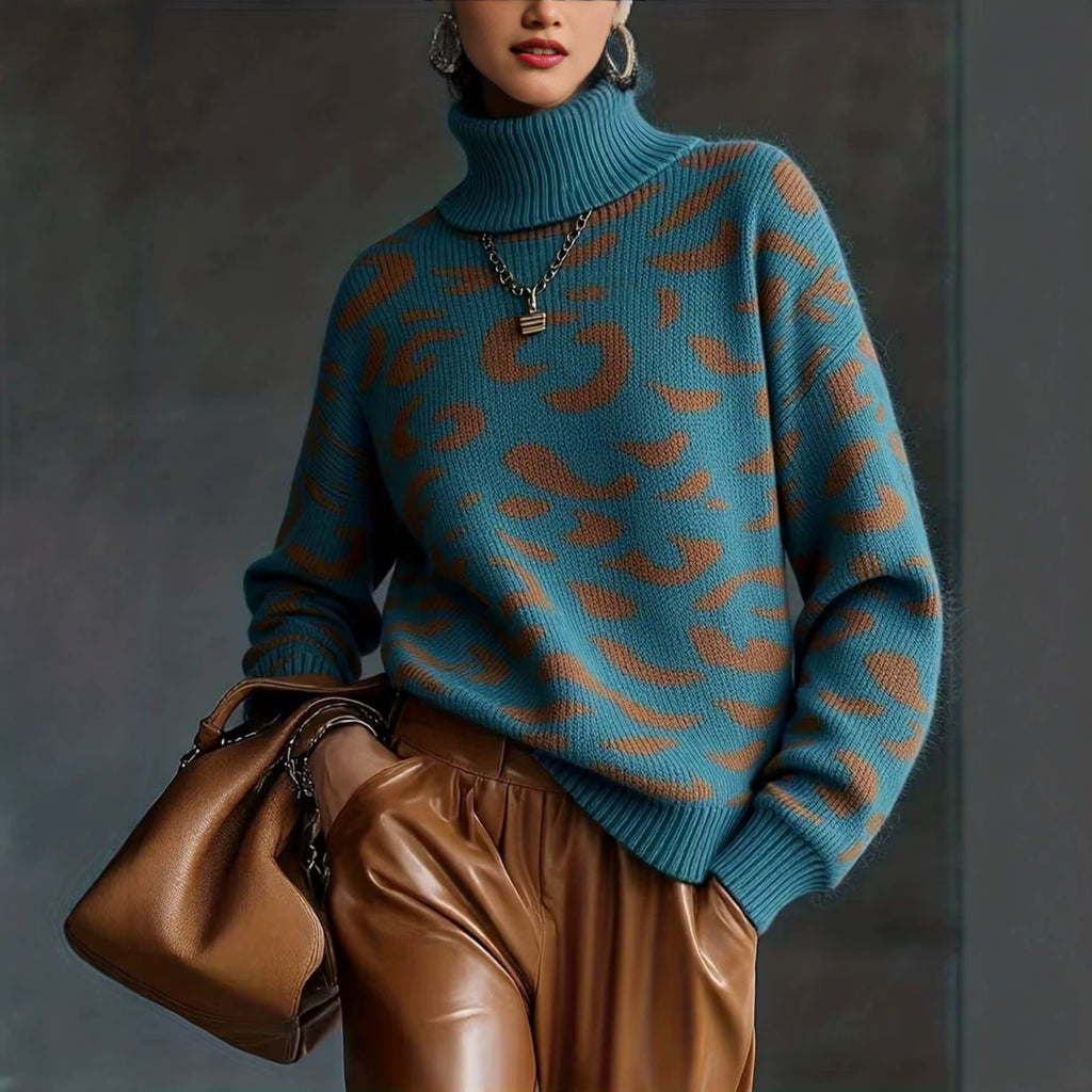 Women's Leopard Print Turtleneck Sweater-Splashis, alternate view 1