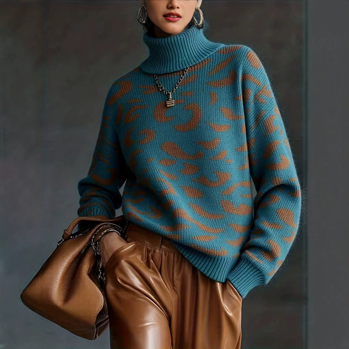 Women's Leopard Print Turtleneck Sweater-Splashis, alternate view 1