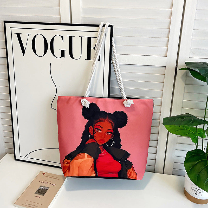 Canvas tote bag shown with contents inside