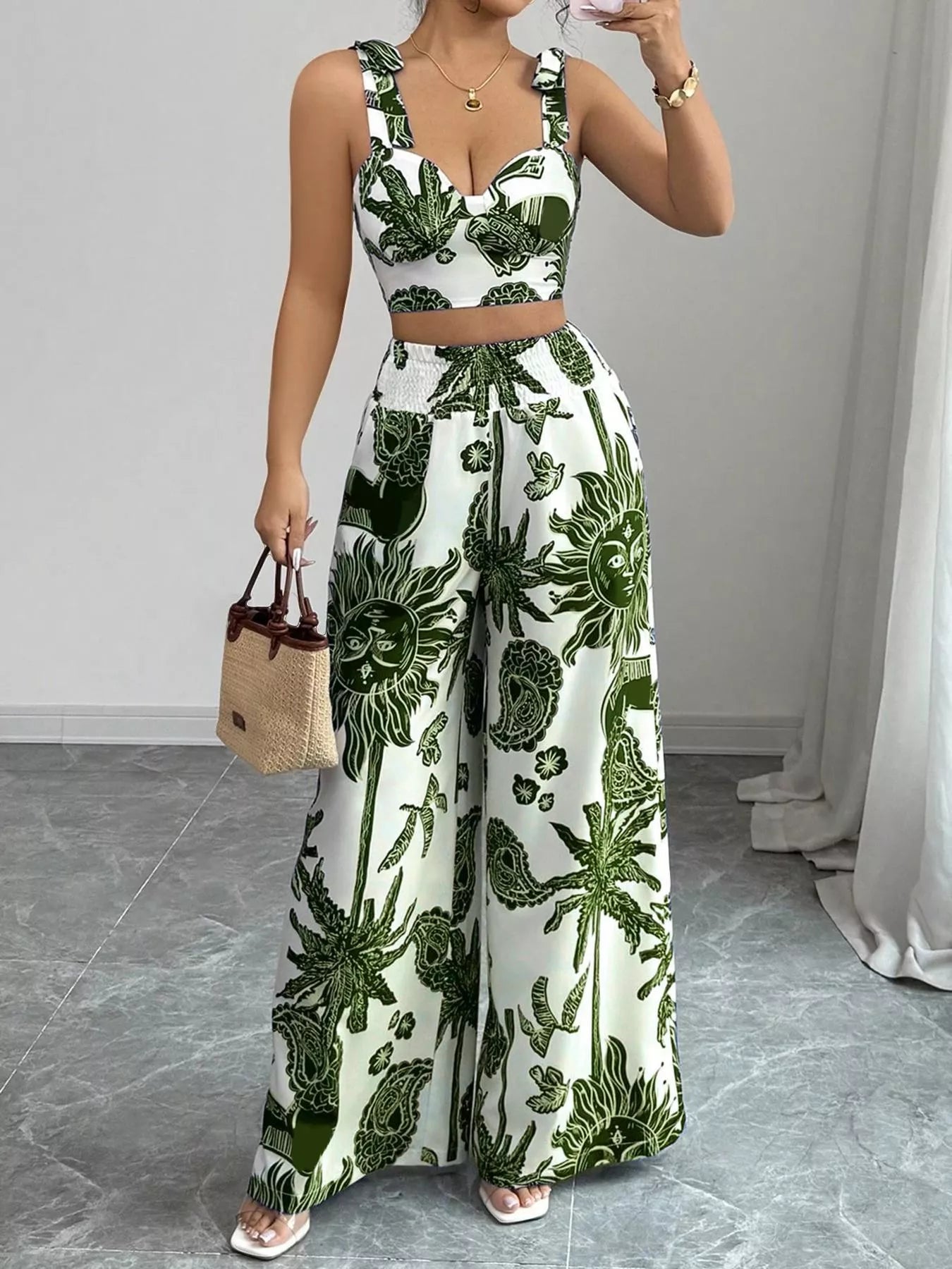 Floral Print Crop Top and Wide Leg Pants Set view 7