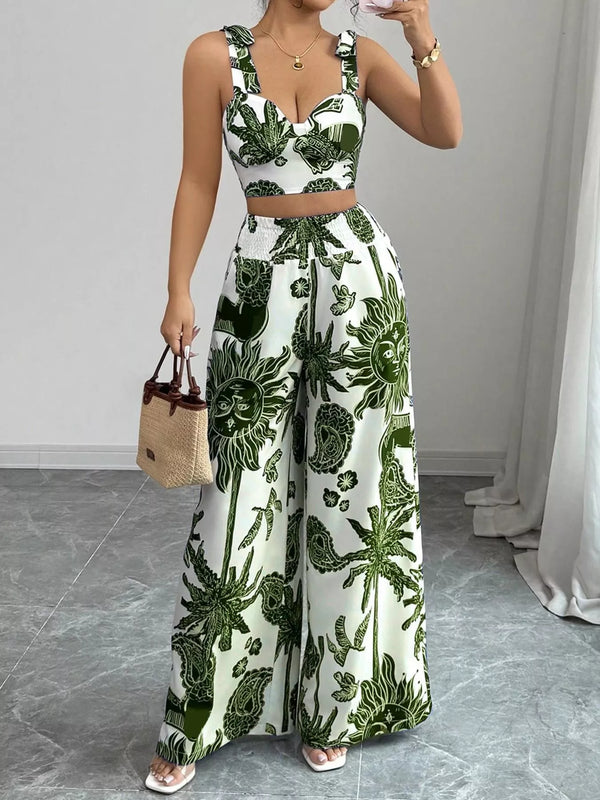 Floral Print Crop Top and Wide Leg Pants Set view 7