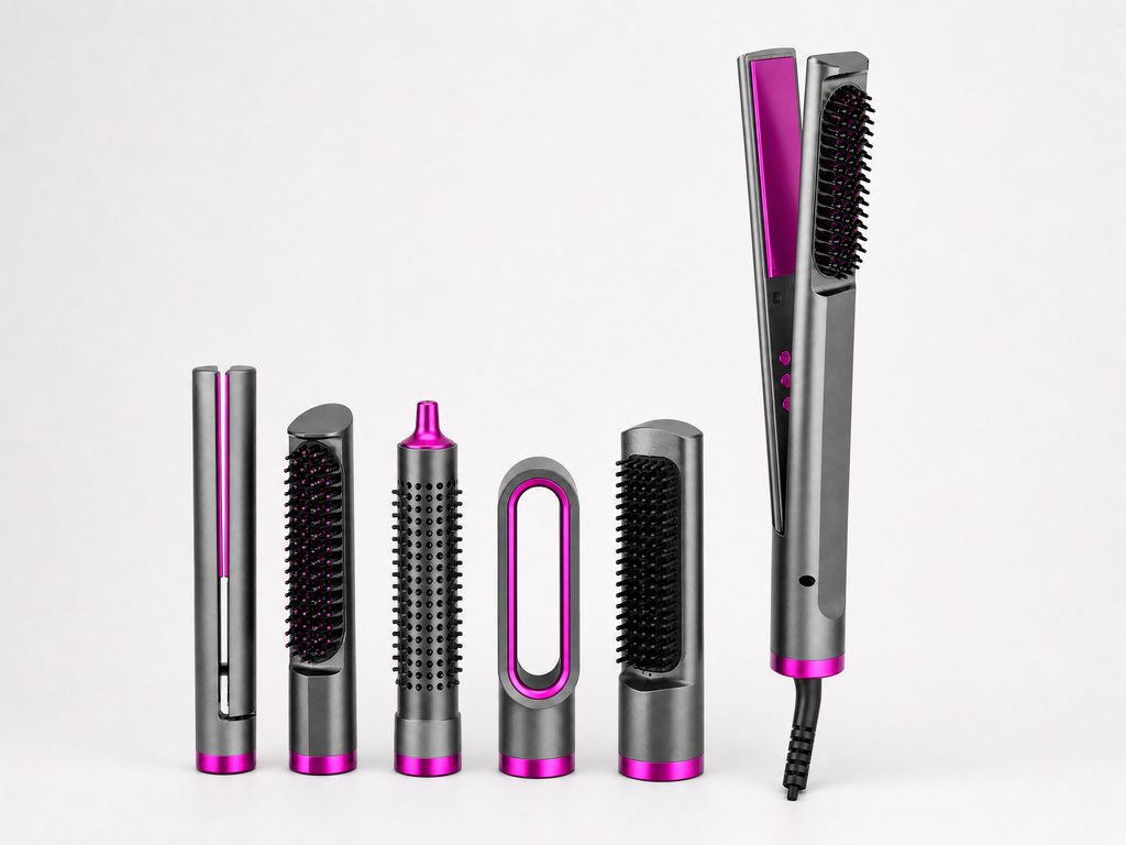 6-in-1 Hot Air Styling Comb for Straightening and Curling, shown in a clear product image