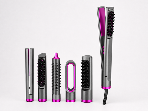 6-in-1 Hot Air Styling Comb for Straightening and Curling, shown in a clear product image