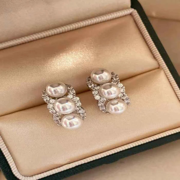 Zircon triple pearl drop earrings in silver-plated alloy — primary view