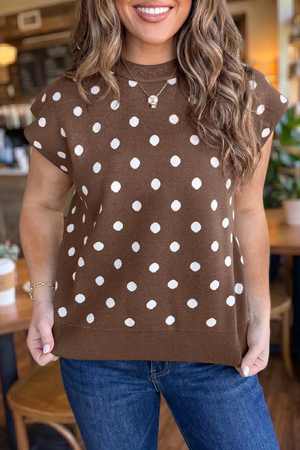 Dolman Short Sleeve Round Neck Polka Dot Sweater view 3