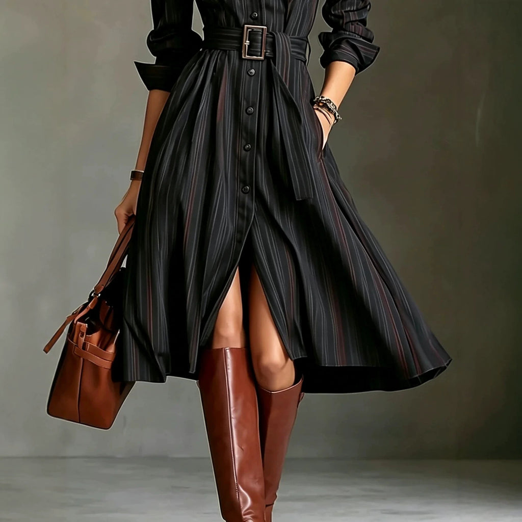 Belted Cinched-Waist Mid-Length Shirt Dress – view 3