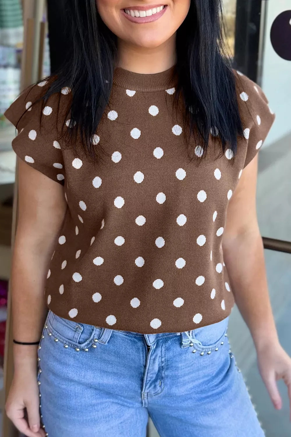 Model wearing the Dolman Short Sleeve Round Neck Polka Dot Sweater