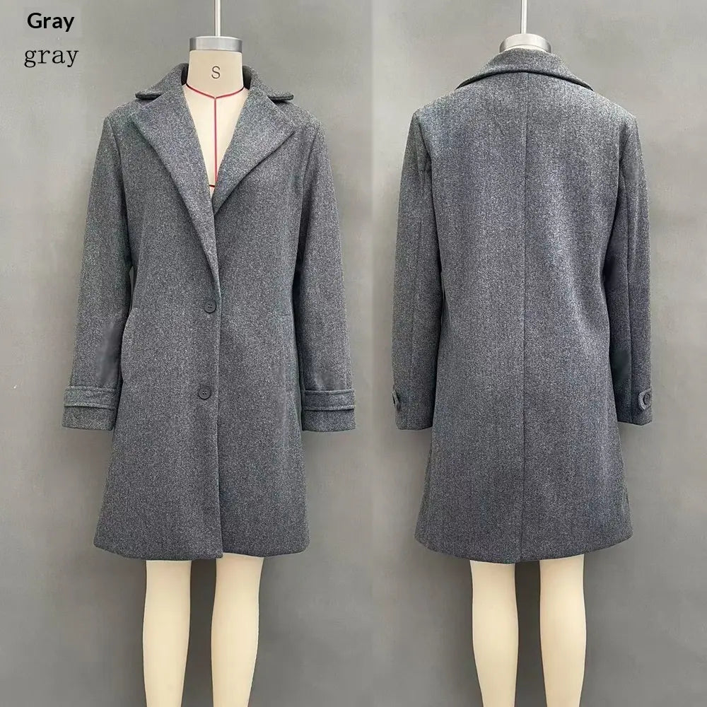 Plain gray lapel coat, front and back views on mannequins
