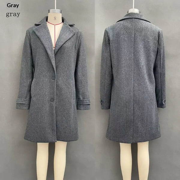 Plain gray lapel coat, front and back views on mannequins