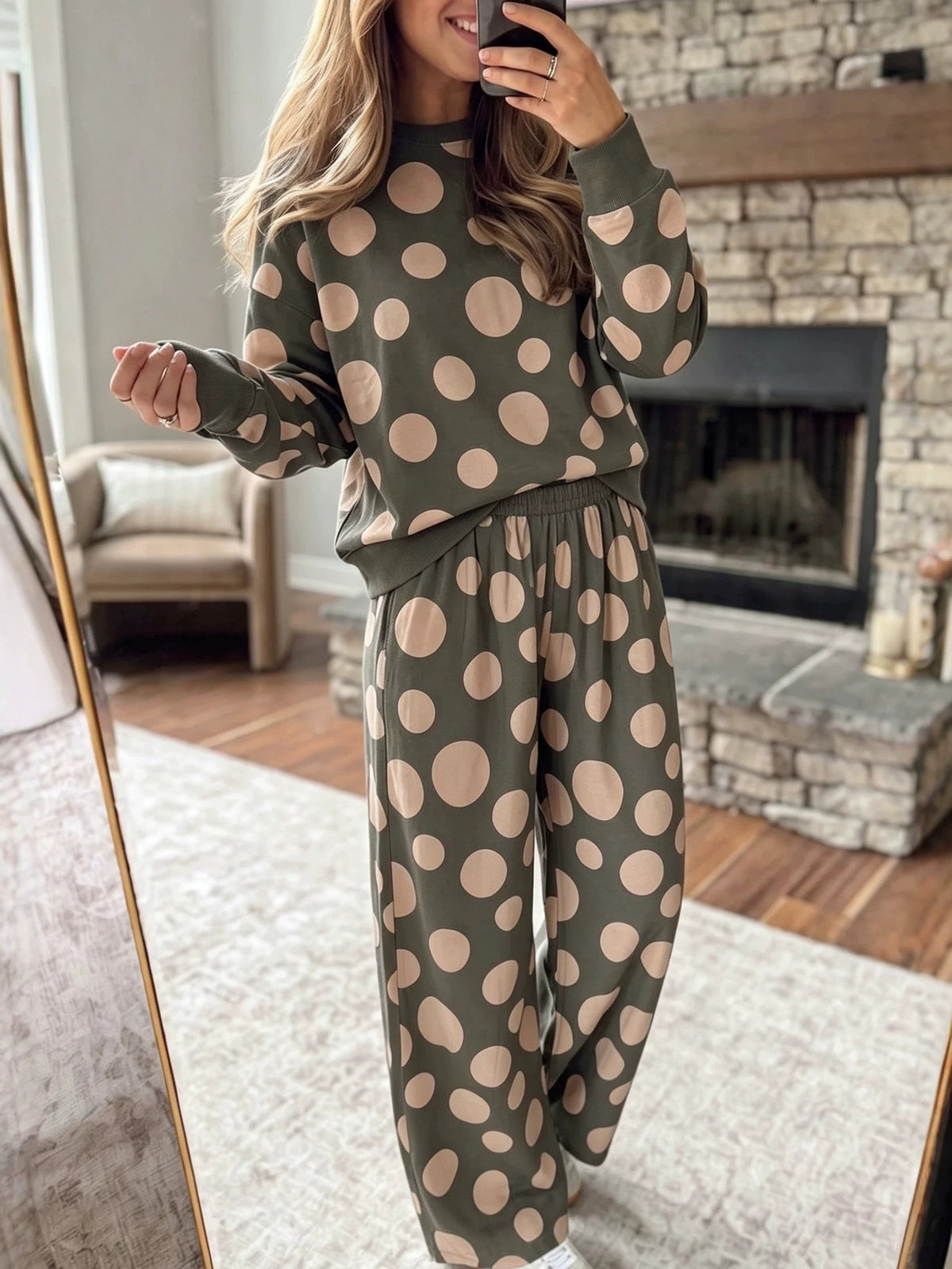 Autumn Winter New European And American Style High-Waisted Loose-Fitting Polka Dot Print Wide-Leg Pants Set For Women additional product view