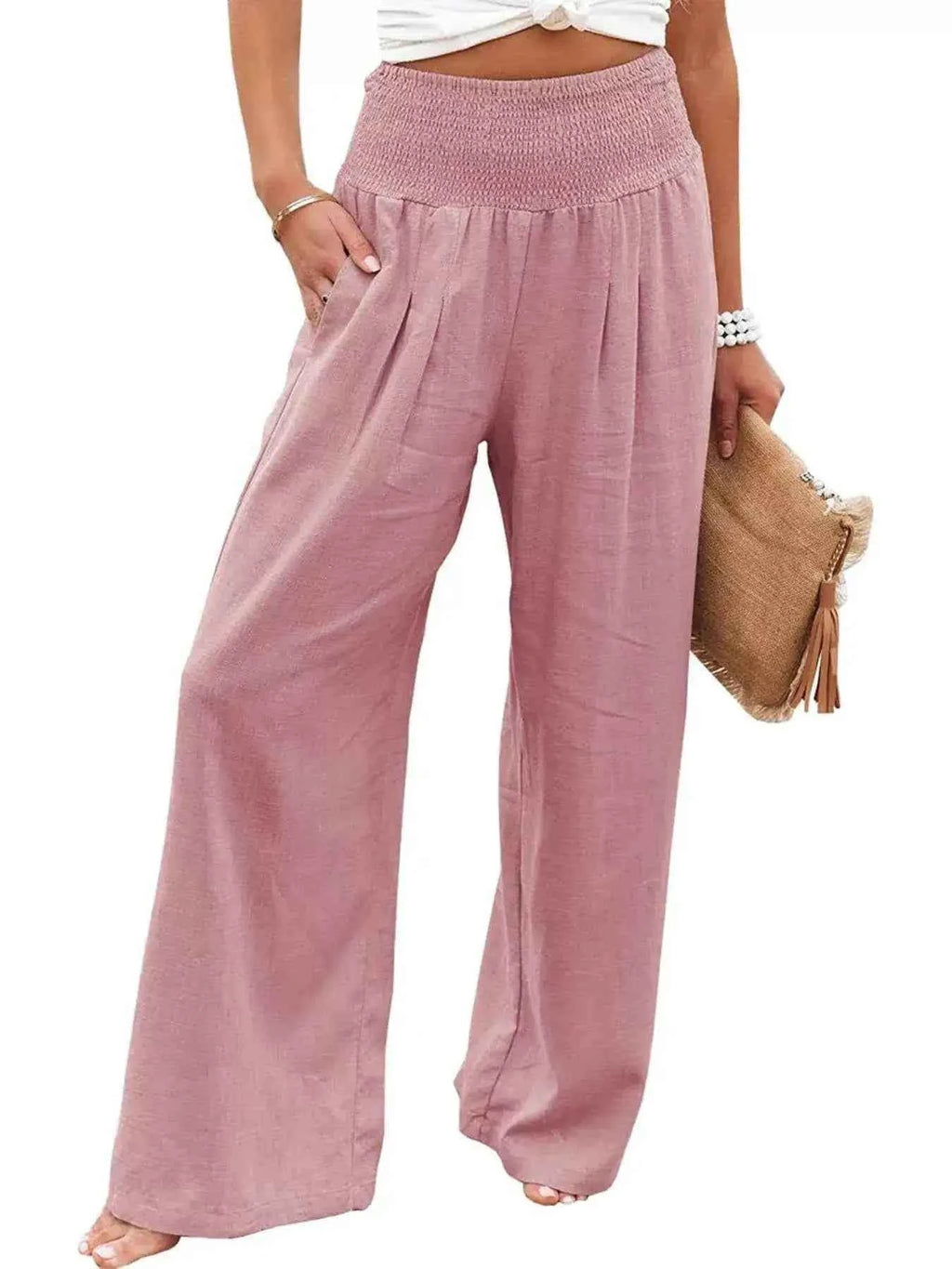 Smocked High Waisted Wide Leg Pants for Effortless Style and Comfort-Bottom-Splashis-Splashis