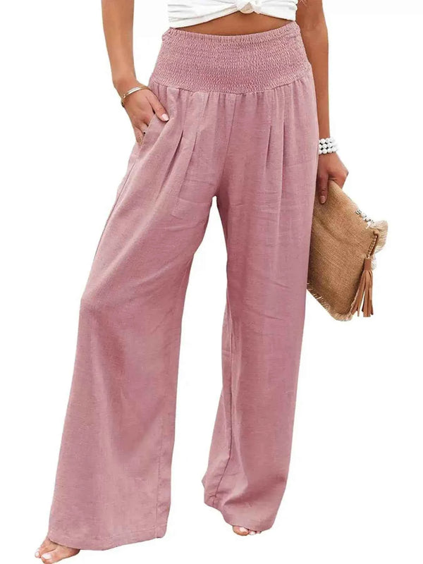 Smocked High Waisted Wide Leg Pants for Effortless Style and Comfort-Bottom-Splashis-Splashis