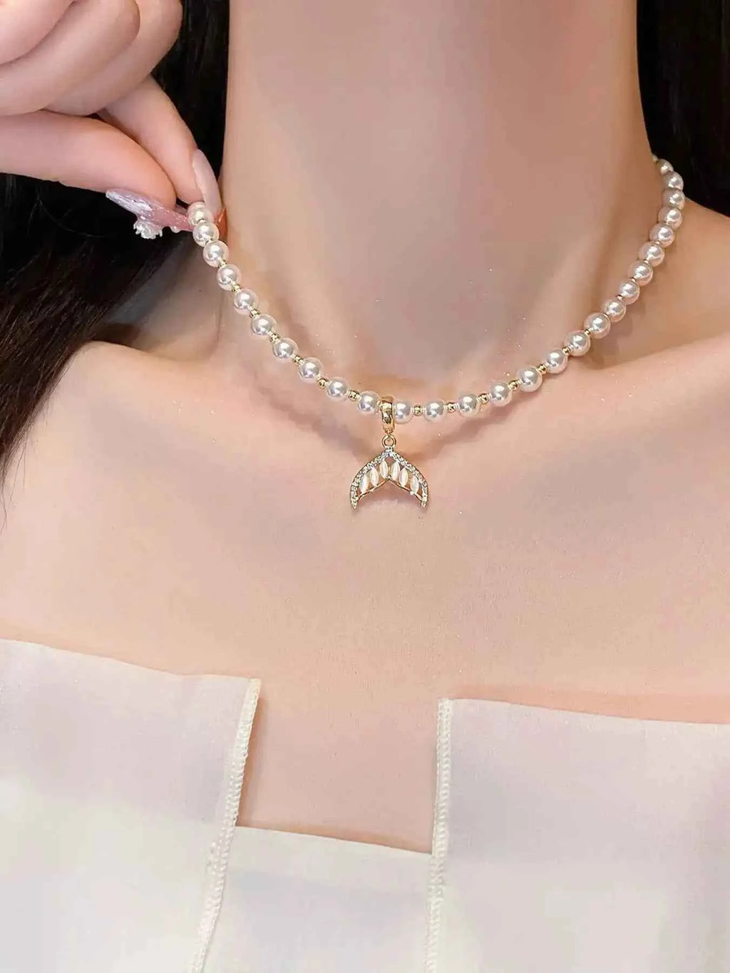 Mermaid tail pendant necklace with pearl and zircon — additional view 2