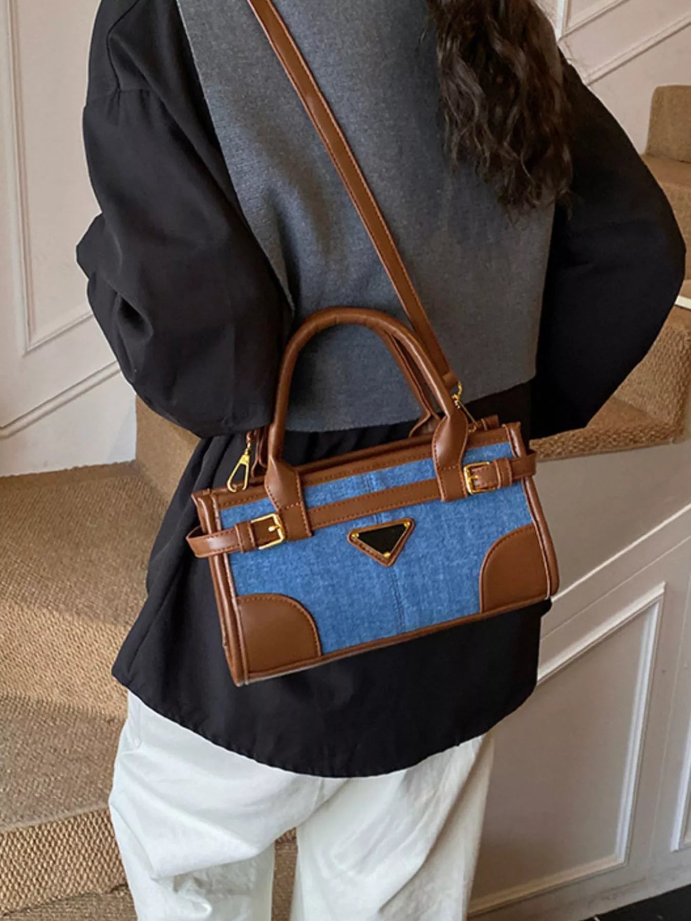 Denim patchwork crossbody bag with buckle detail — additional view 8
