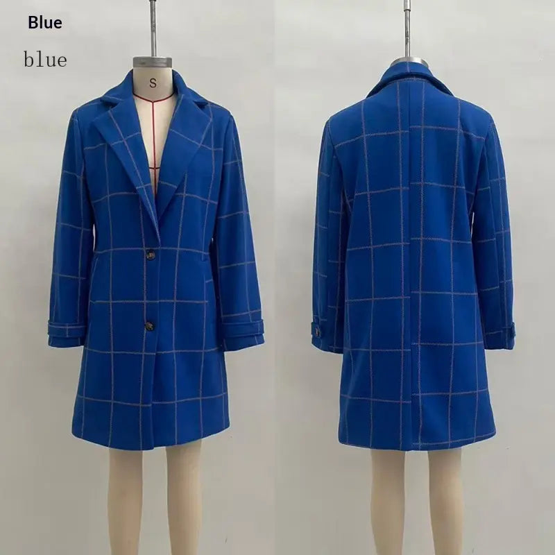 Royal blue windowpane-check coat, front and back views on mannequins