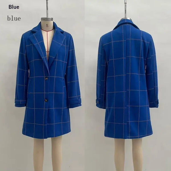Royal blue windowpane-check coat, front and back views on mannequins