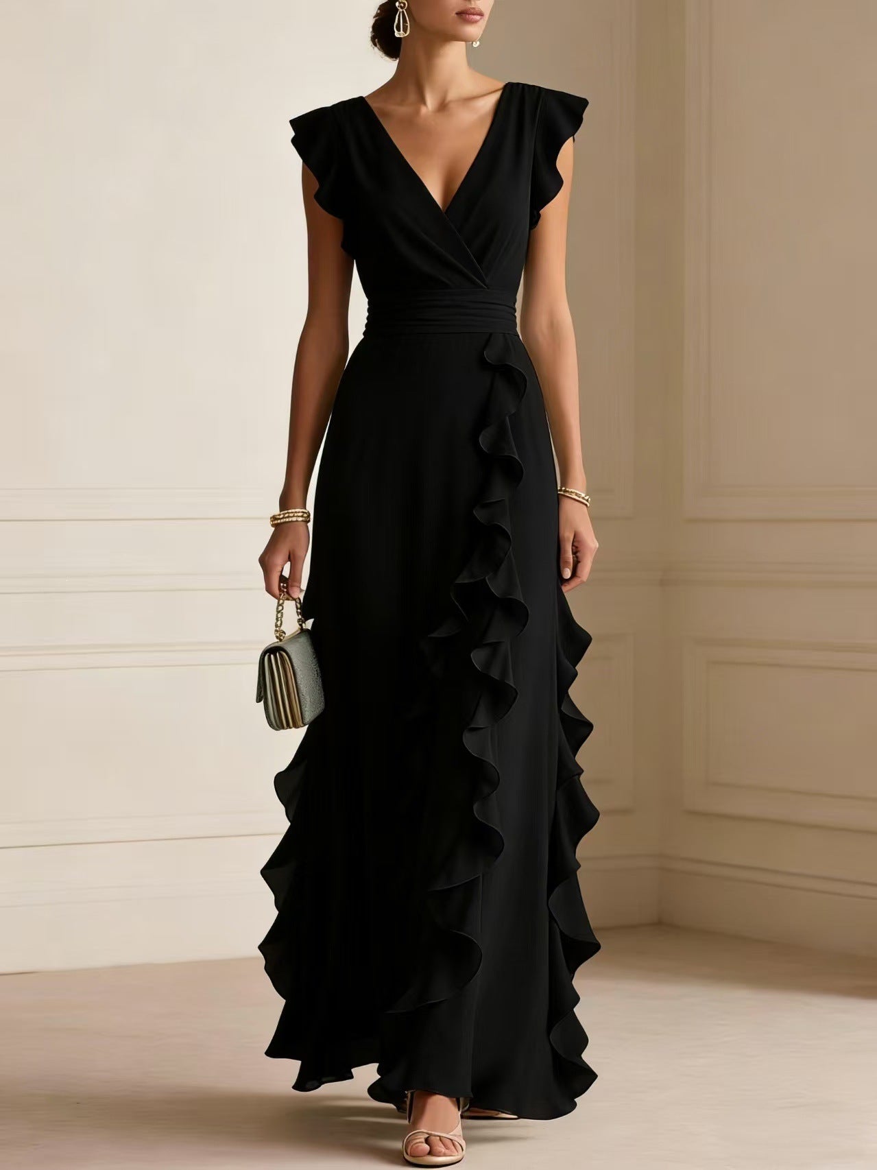Ruffle Sleeveless V-Neck Long Maxi Dresses サブ画像