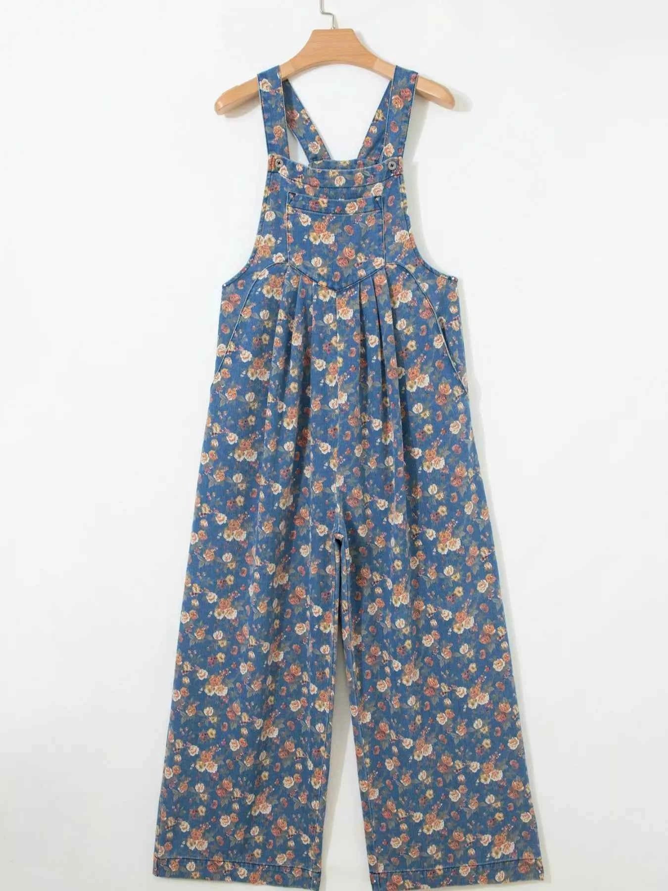 Floral print wide leg denim overalls — additional view 6
