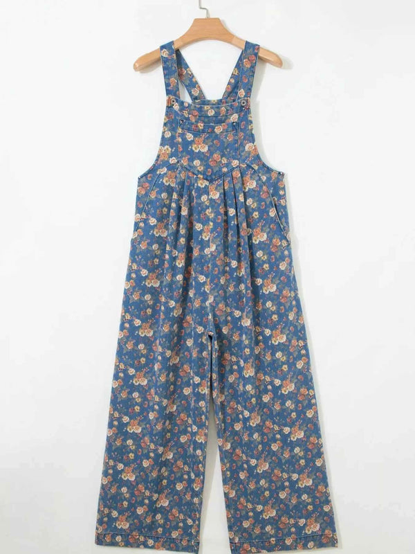Floral print wide leg denim overalls — additional view 6