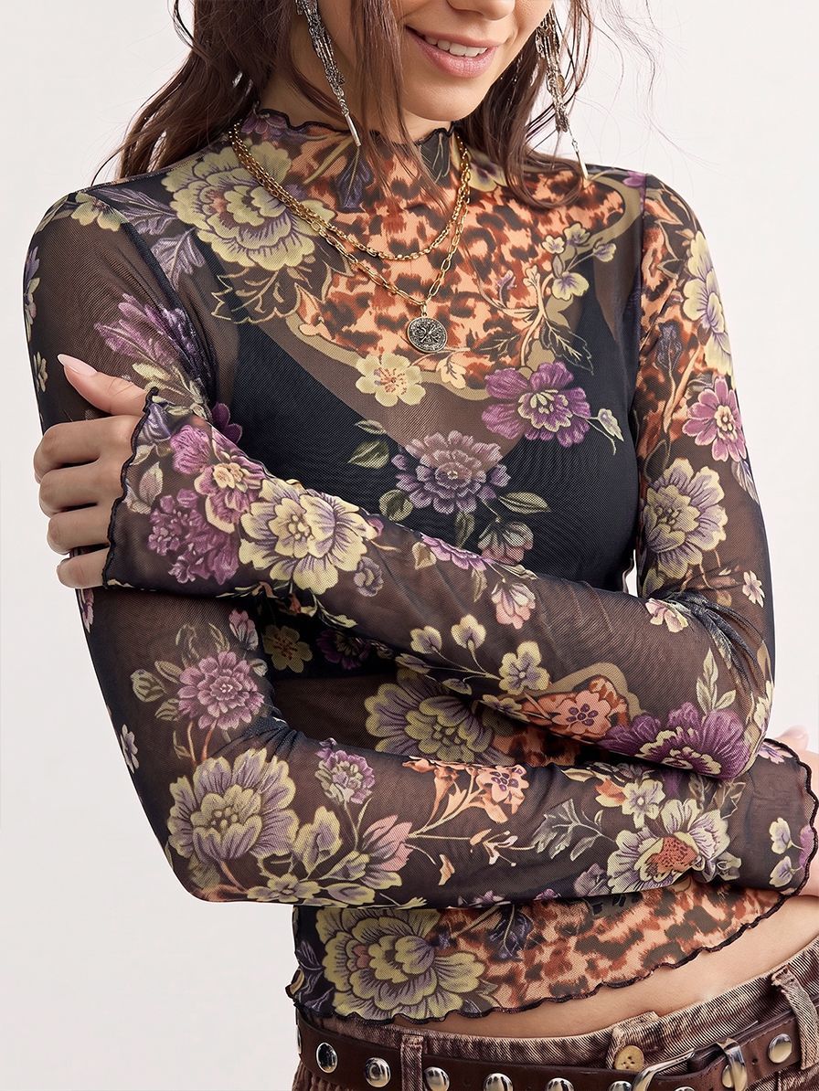 Vintage floral mesh top - slim fit long sleeve tee for women, image 5