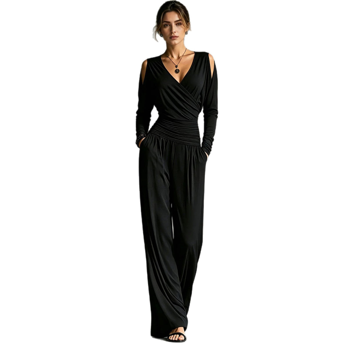Women's Wrap V-Neck Cold-Shoulder Jumpsuit additional product view