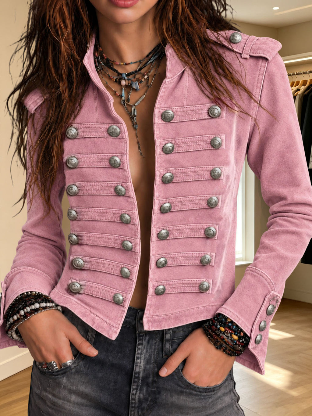 Double-breasted cropped military jacket for women, image 6