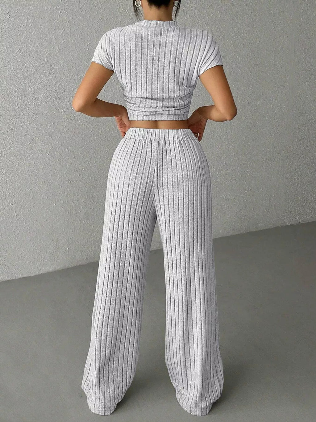 Ribbed Knit Top and Wide Leg Pants Set view 3