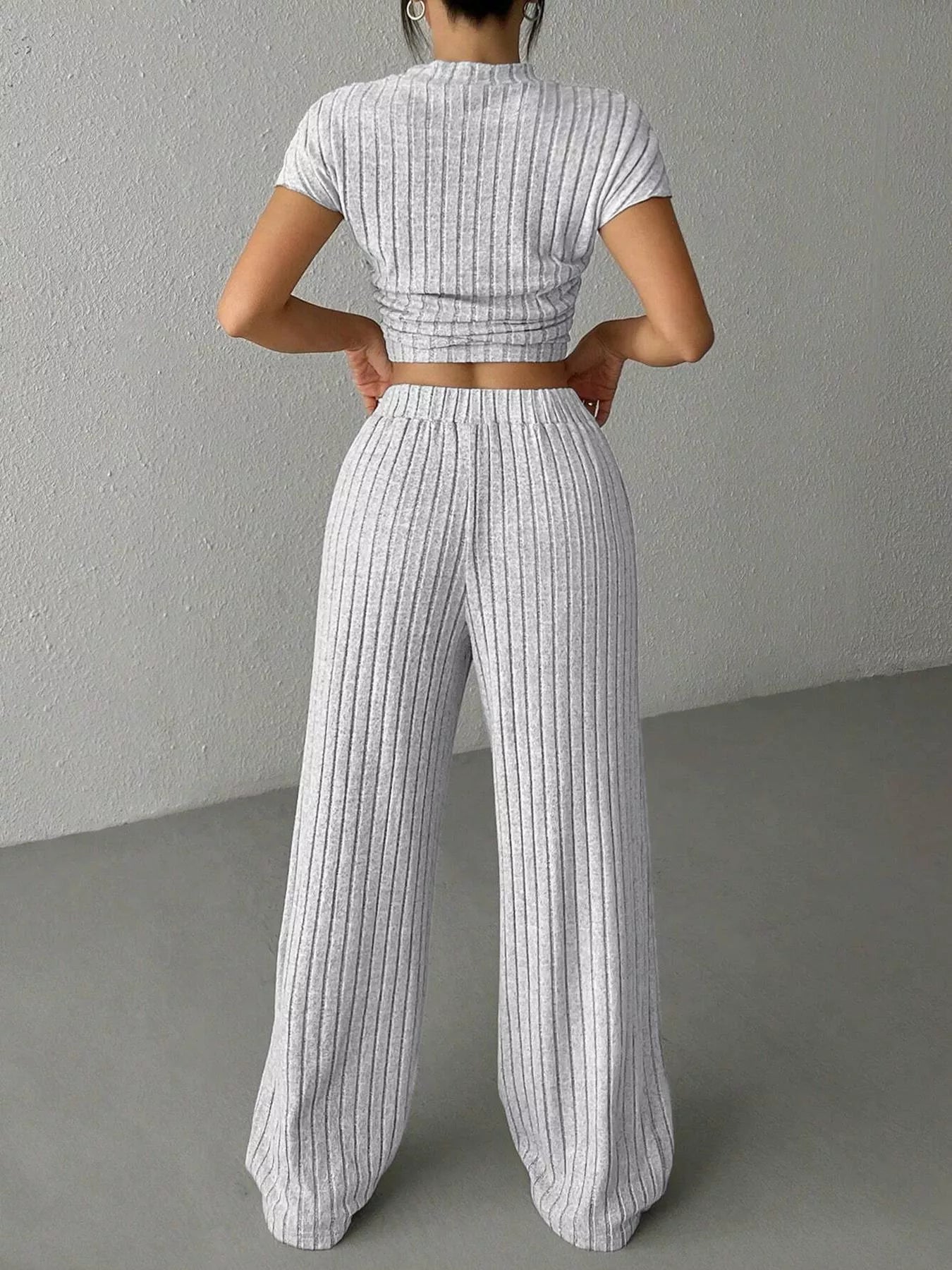 Ribbed Knit Top and Wide Leg Pants Set view 3