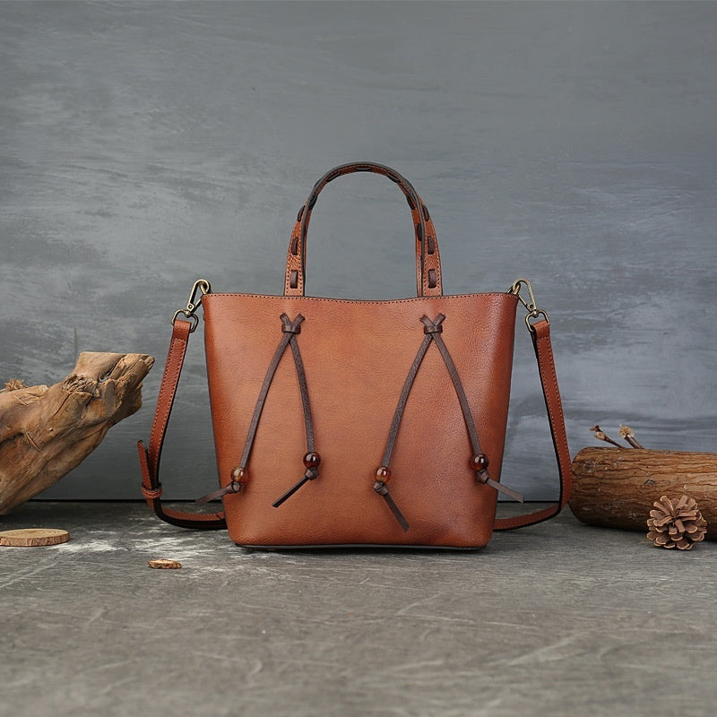 Woven Bucket Bag - PU Leather Minimalist Crossbody Bag for Women, angled product view
