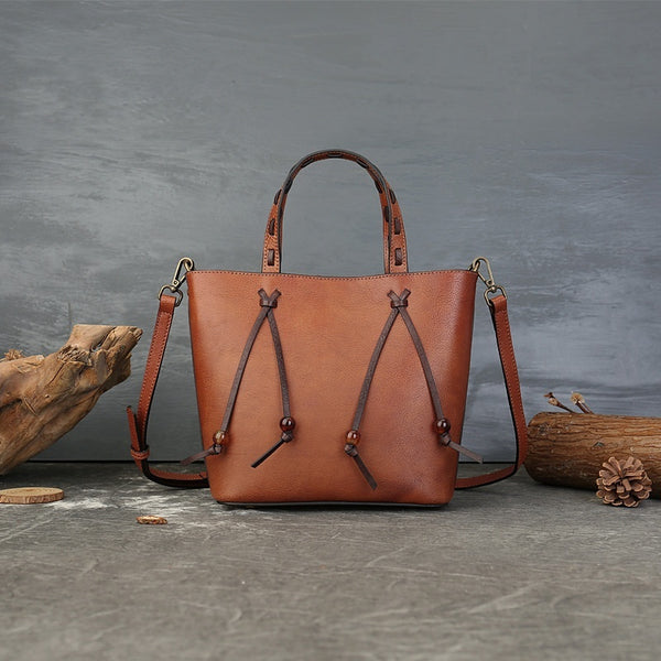 Woven Bucket Bag - PU Leather Minimalist Crossbody Bag for Women, angled product view