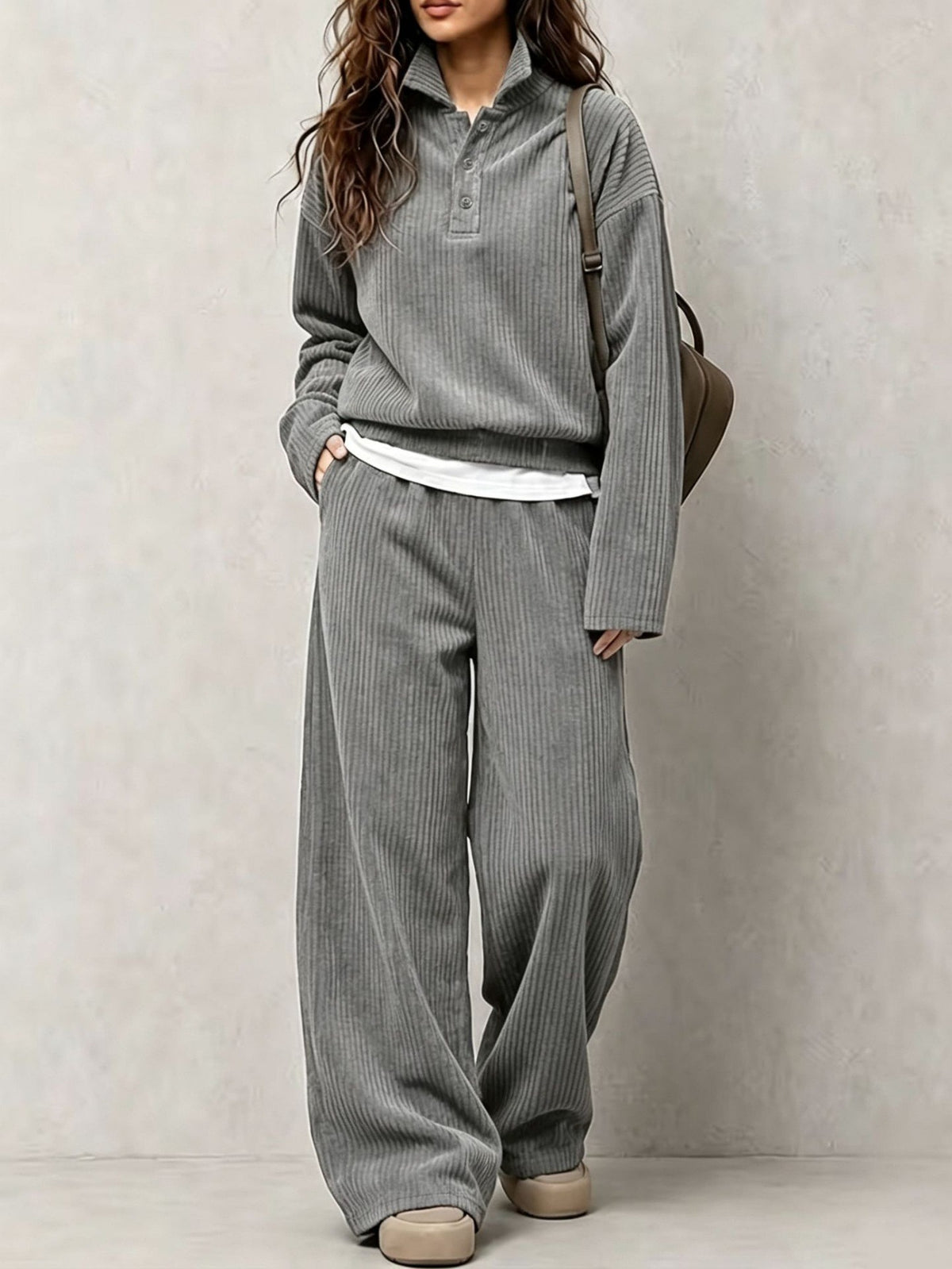 Corduroy top and wide-leg pants set for women, image 11
