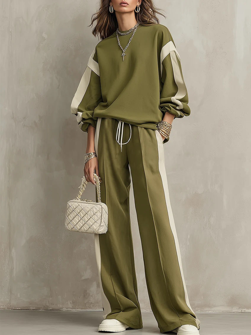 Olive sweatshirt and wide-leg pants set, front view on a model