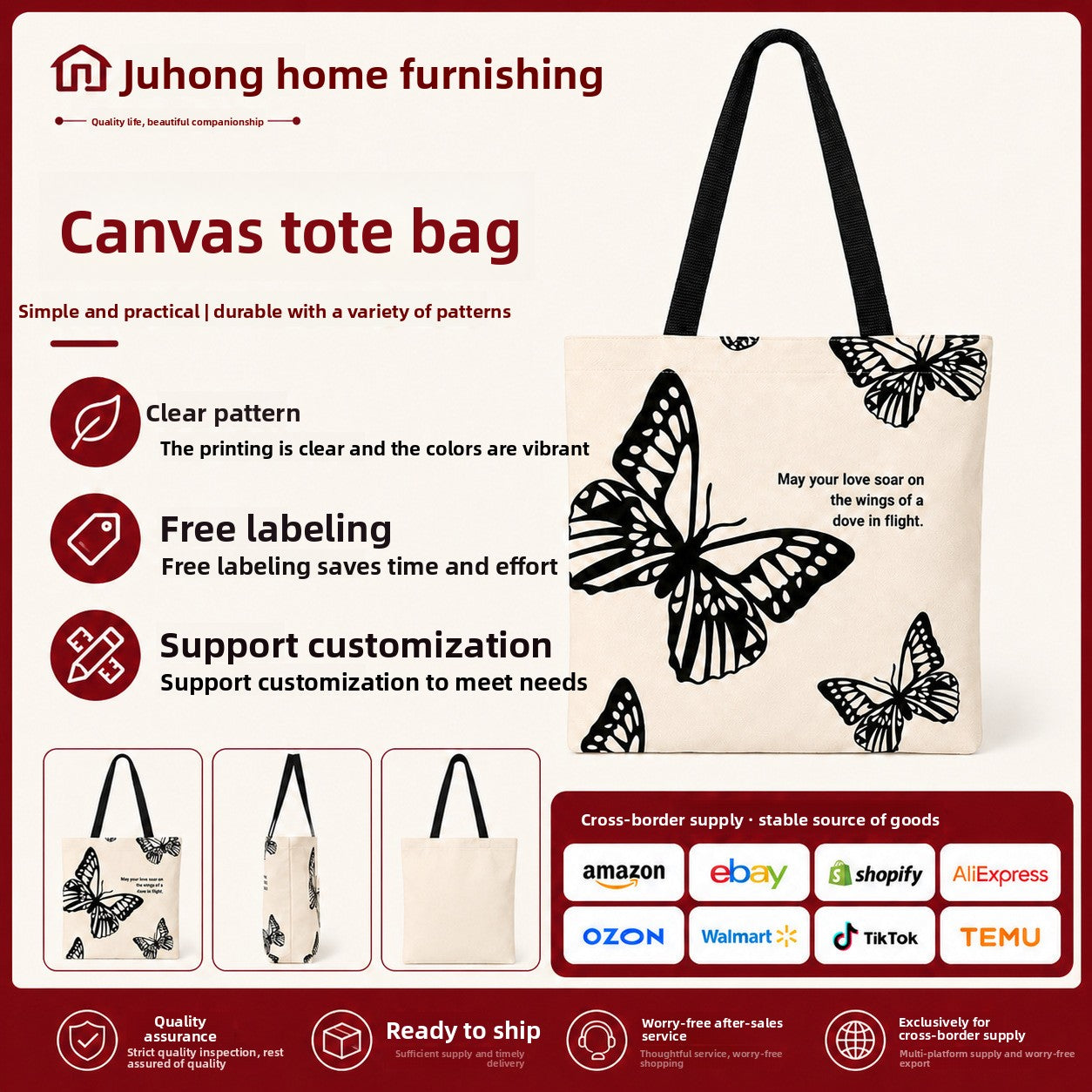 Canvas tote bag floral and butterfly print close-up