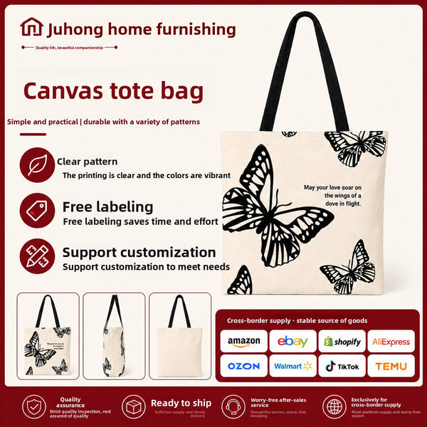 Canvas tote bag floral and butterfly print close-up