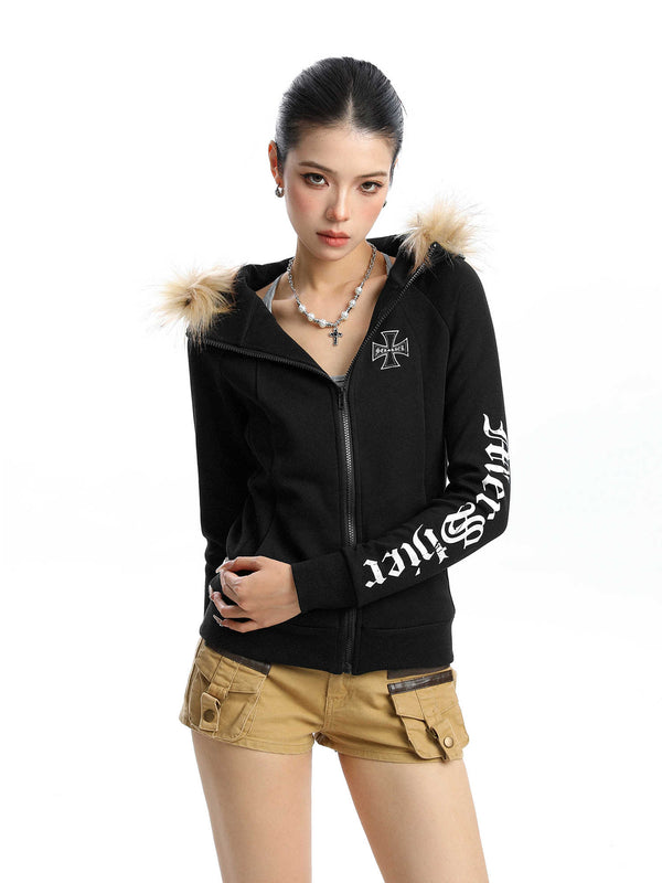 Black detachable collar hooded cardigan for women