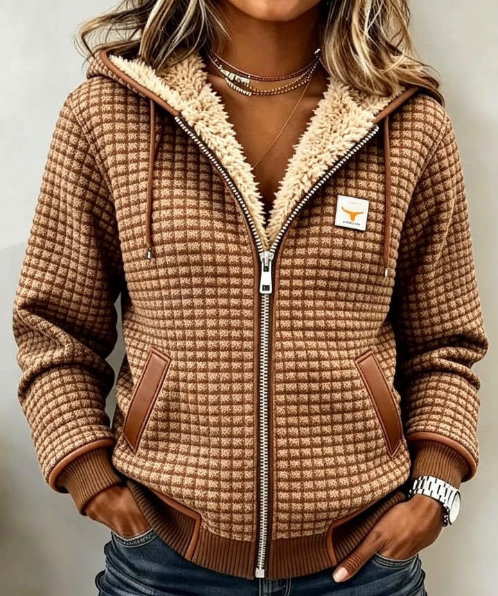 Brown checked zip-up hoodie with plush lining and contrast pocket trim