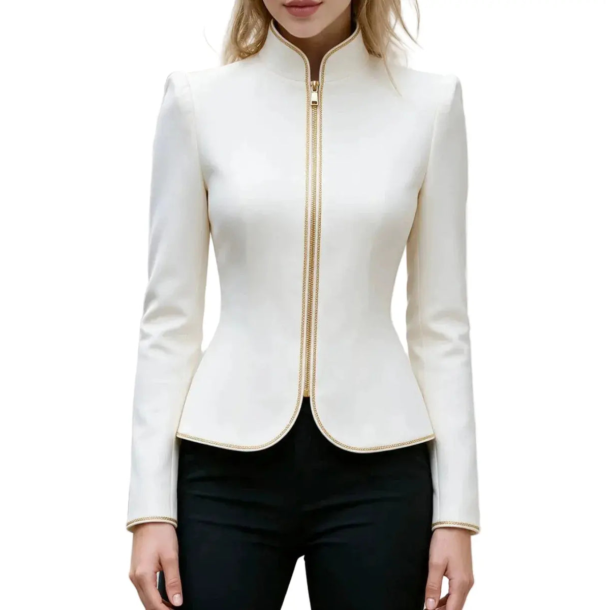 Women's Stand Collar Zip-Up Short Jacket with Gold Trim for Work product image
