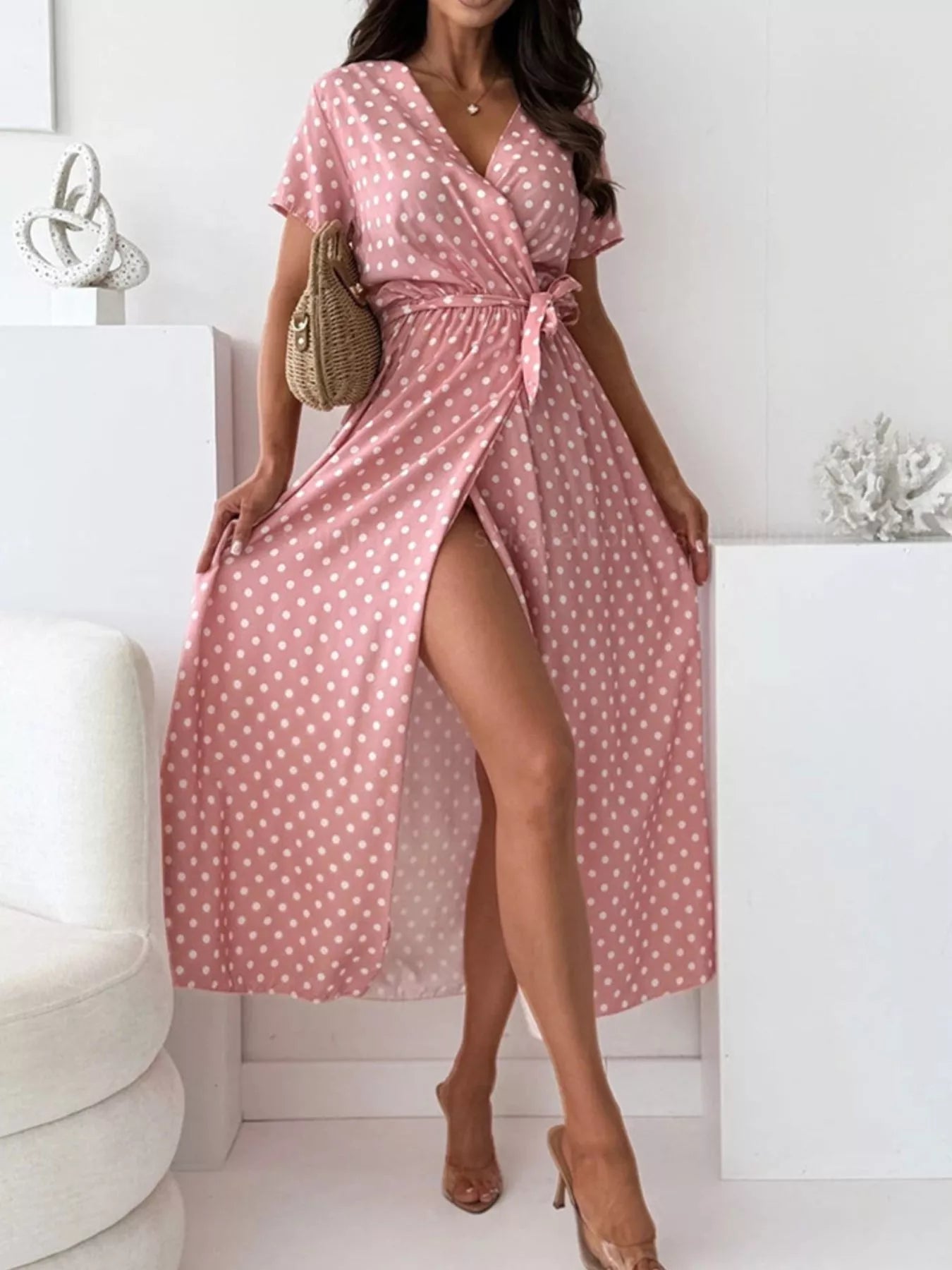 Polka Dot Surplice Maxi Dress with Slit view 17