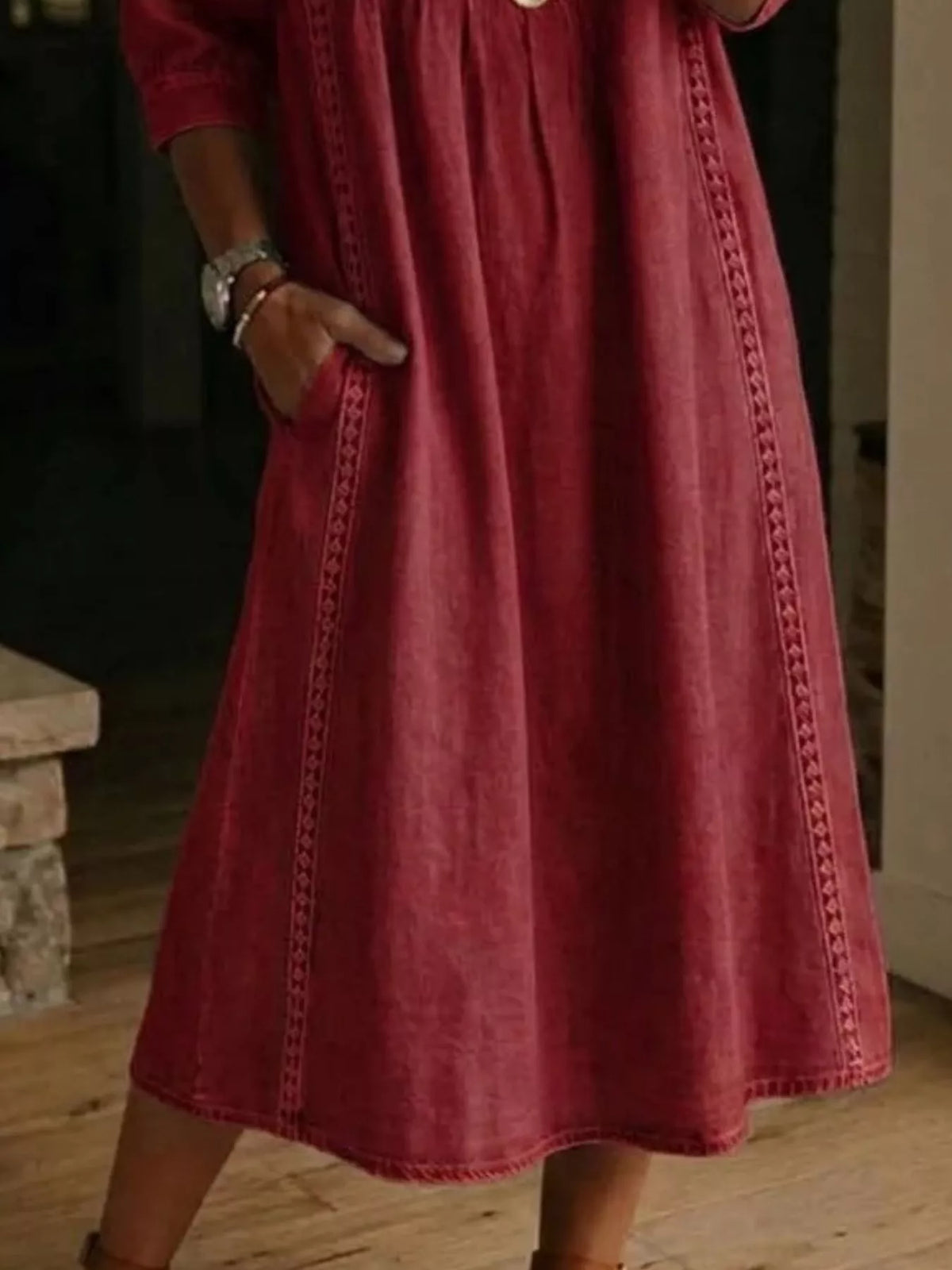 Full Size V-Neck 3/4 Sleeve Midi Dress Plus Size, product view 8