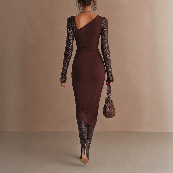 Women's asymmetrical printed midi dress with long sleeves