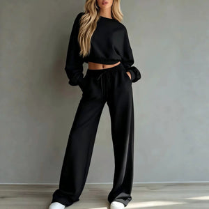 Black short sleeve sweatshirt and wide leg pants set for women