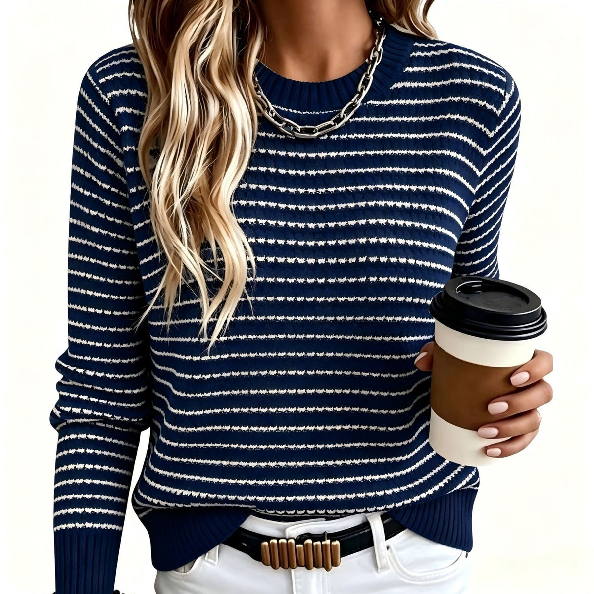 Striped Puff-Sleeve Round Neck Sweater – view 8