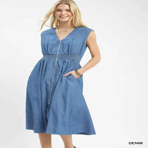 Denim sleeveless zip-front smocked waist midi dress — primary view