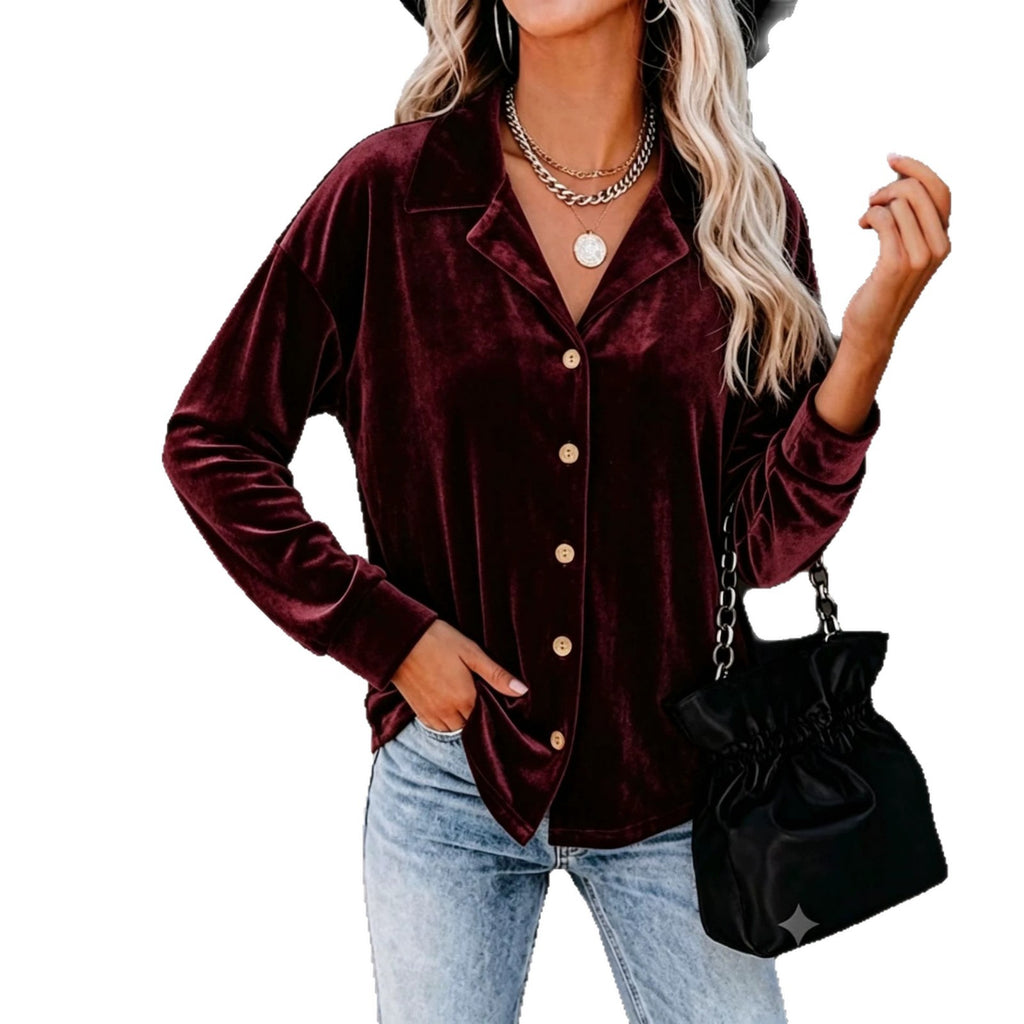 Product detail photo of Button Up Velvet Long Sleeve Shirt, Women’s Shirt, button up velvet long sleeve shirt, everyday style